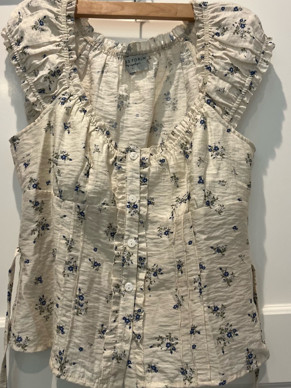 For Love And Lemons Cream Top with Blue Floral Print and Ruffle Sleeves